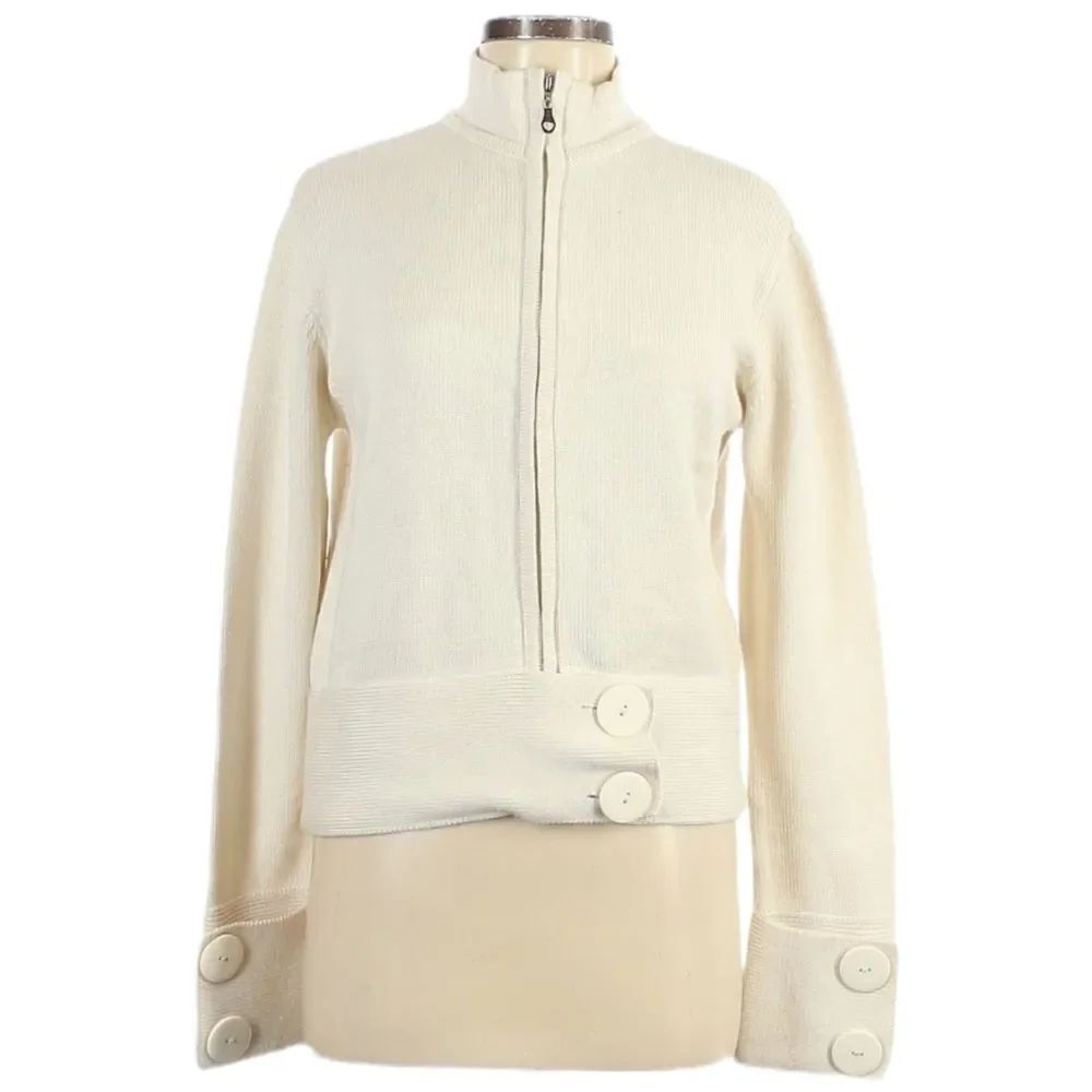 GAIA Cream Minimalist Zip Front Knit Jacket L